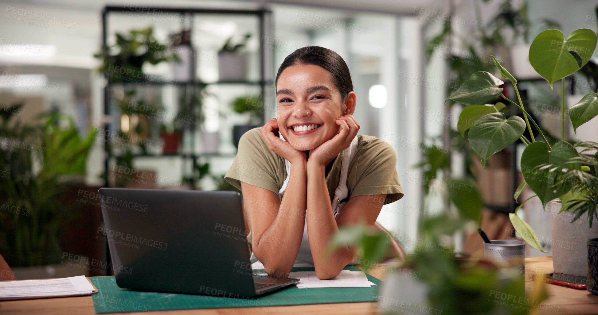 Buy stock photo Laptop, portrait and smile with woman in flower shop for sale of floral decorations. Computer, plant nursery and startup with happy florist at desk in office of small business to complete delivery