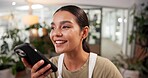 Woman, florist and smile for phone call at store with contact, listen and deal with compost supplier. Person, smartphone and happy on speakerphone, negotiation and sales for organic plants at shop