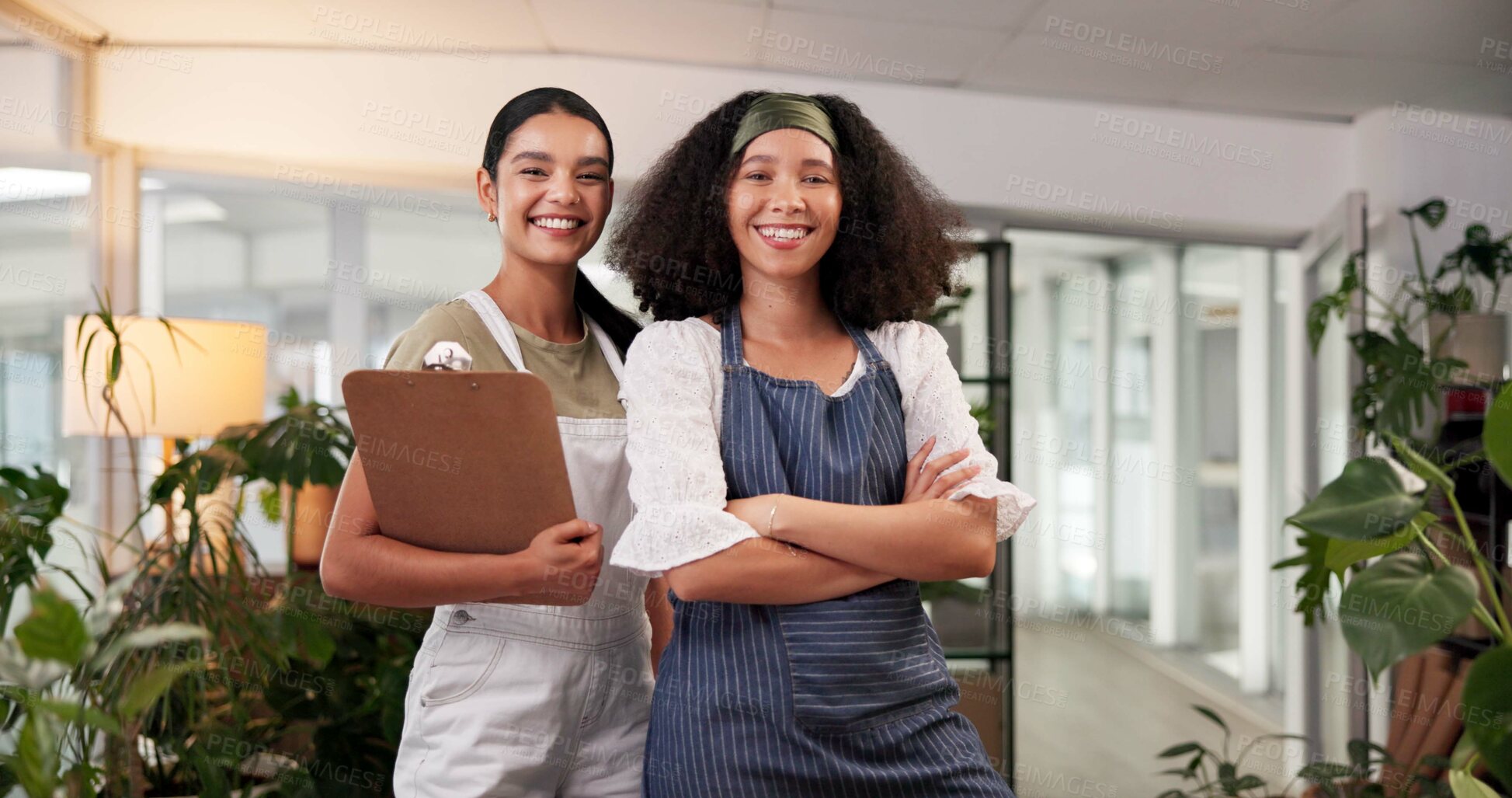 Buy stock photo Portrait, women and smile as florist with clipboard, plants inventory and ecommerce order. People, teamwork and flower checklist with floral bookkeeping, supply chain information and stock management