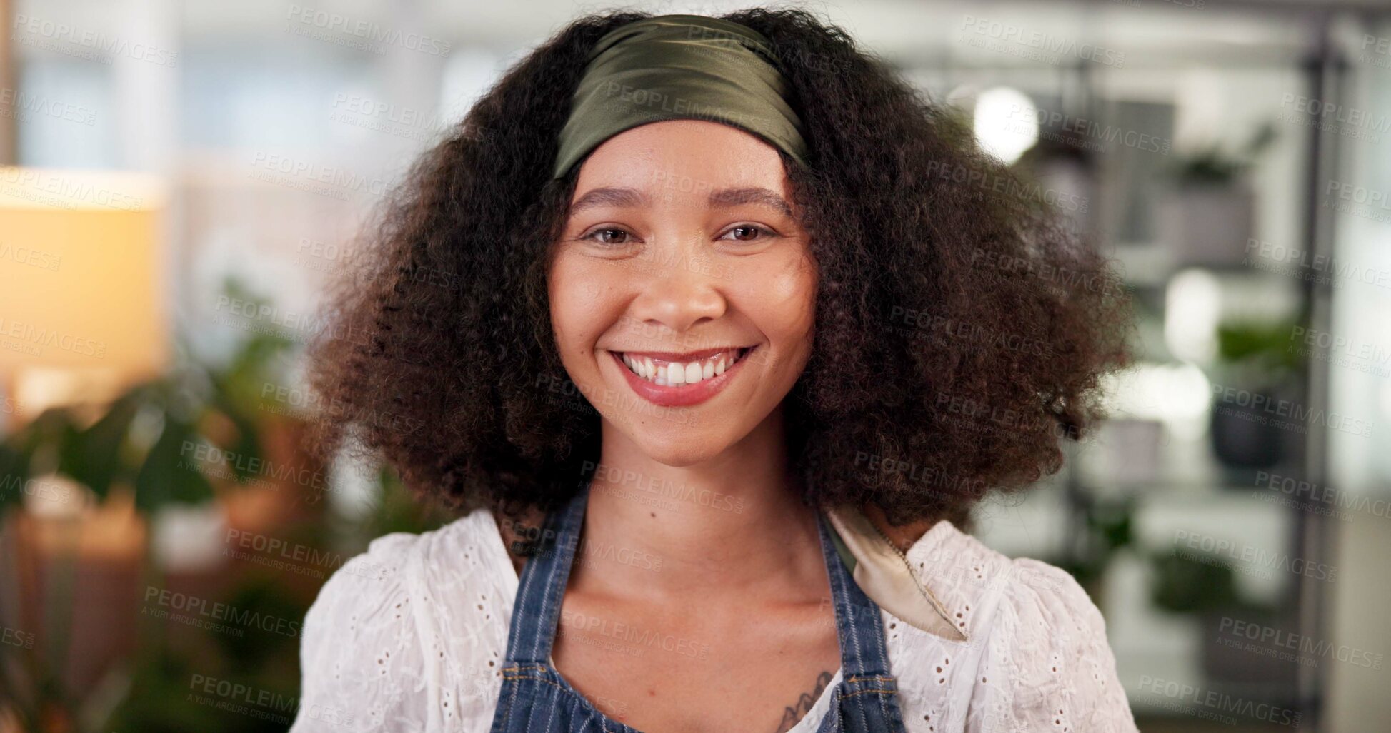 Buy stock photo Confident, small business and woman in flower shop, portrait or sustainability for nature in nursery. Eco friendly, entrepreneur and florist with apron for startup, proud or growth of plants in store