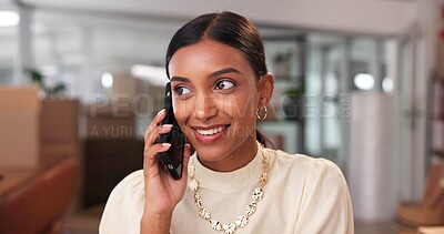 Buy stock photo Business woman, talking and phone call for logistics deal, shipping negotiation or online order. Mobile, distribution and person in communication for delivery schedule, ecommerce or smile in startup