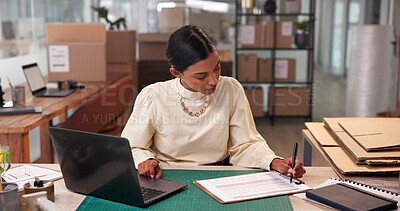 Buy stock photo Checklist, small business or woman on laptop with inventory for shipping plan, supplier or boxes. Ecommerce, paperwork or logistics worker writing form for package, stock or delivery distribution