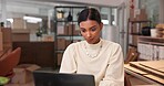 Order, small business or Indian woman on laptop with inventory for shipping plan, supplier or boxes. Startup, supply chain or logistics worker typing on PC for package, stock or delivery distribution