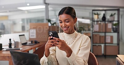 Buy stock photo Phone, office and woman in shipping business, typing and reading order update, logistics and sales online. Smile, distribution and mobile for stock, check inventory and social media promo in startup