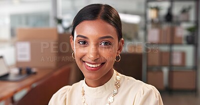 Buy stock photo Portrait, logistics and woman with small business, office and confident of cargo for supply chain. Proud, entrepreneur and Indian person with stock for startup, industry and boxes for shipping