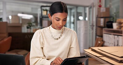 Buy stock photo Logistics, small business and woman on tablet in office, reading order update and email for sales online. Distribution, shipping and technology for stock, check inventory or supply chain in startup