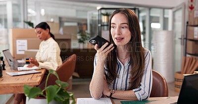 Buy stock photo Business woman, talk and speaker phone for logistics deal, shipping negotiation or online order. Mobile, audio message or voice note with ai assistant for distribution or delivery schedule in startup