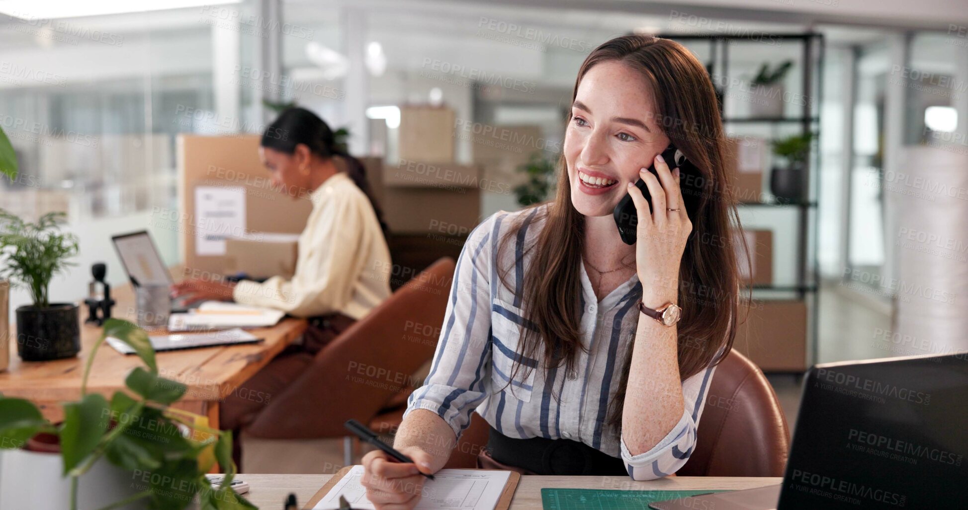 Buy stock photo Phone call, shipping and checklist with business woman in office for courier delivery, logistics schedule and inventory. Quality control, client review and ecommerce cargo with person and feedback