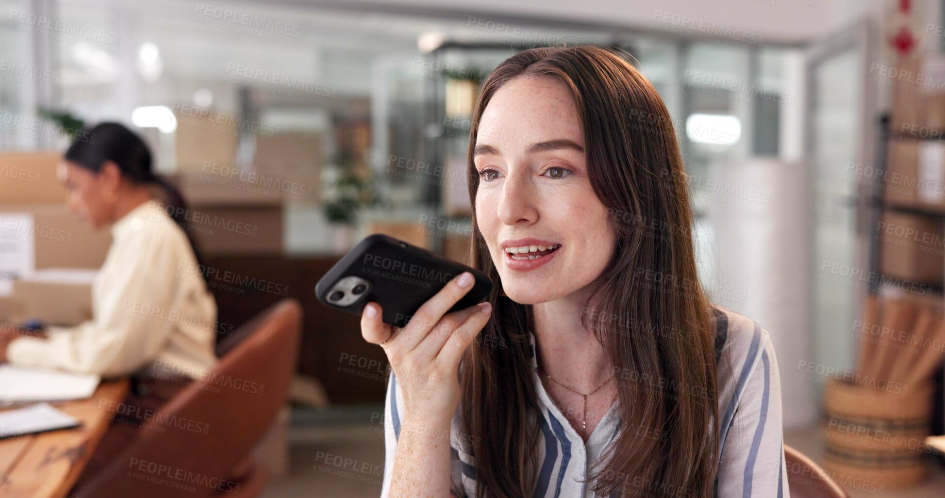 Buy stock photo Loudspeaker, business and woman with phone call, conversation and digital app for recording. Person, employee and consultant in office, communication and discussion with contact, talking and planning