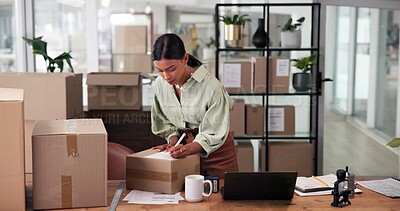 Buy stock photo Warehouse, label or woman with boxes checklist for shipping, small business or inventory. Ecommerce, paper or logistics worker writing form for package address, stock order or delivery distribution