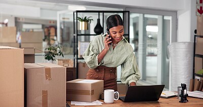 Buy stock photo Phone call, shipping and laptop with business woman for courier delivery, logistics schedule or inventory update. Quality control, client feedback and ecommerce cargo with person in startup office