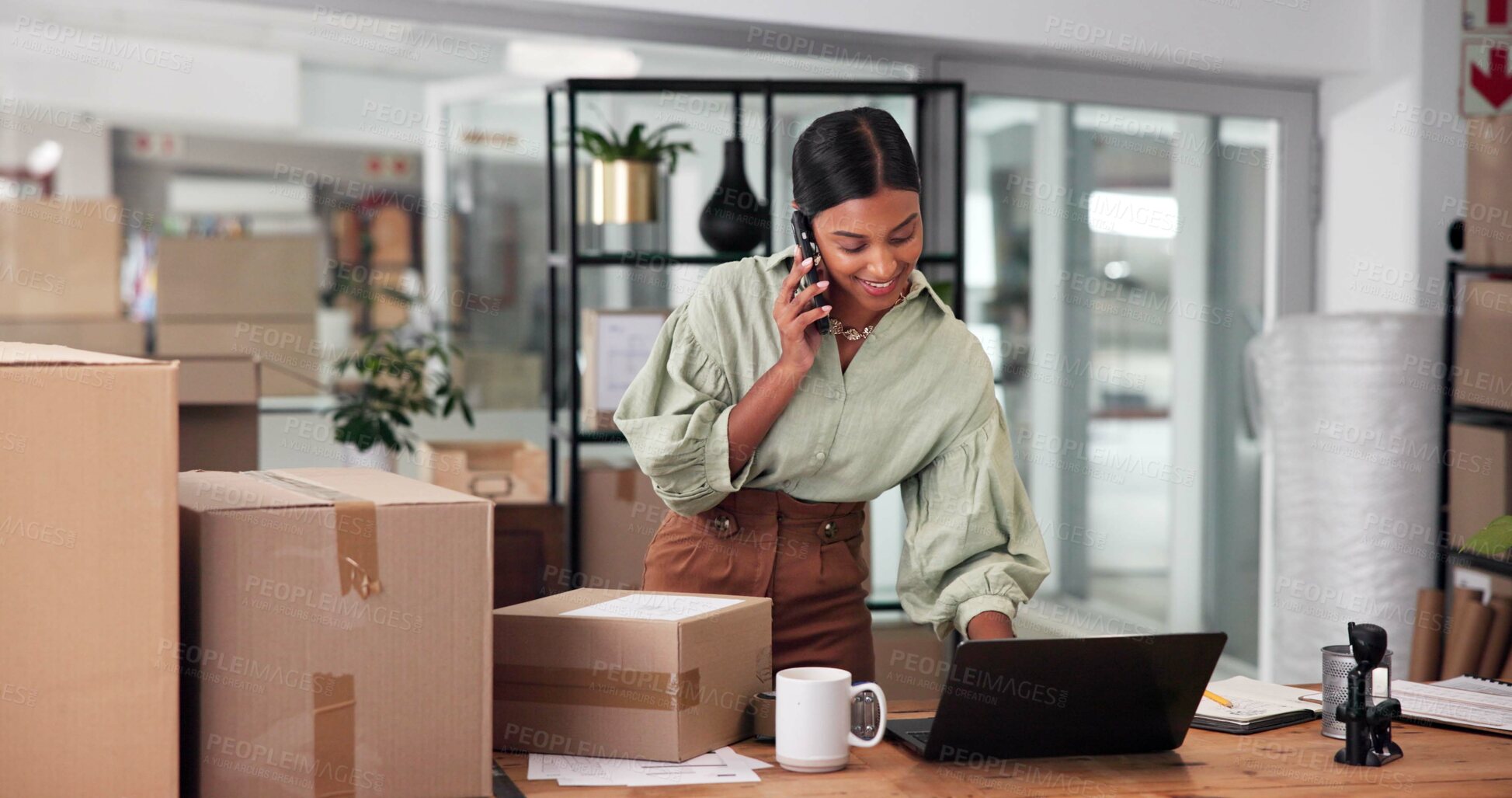 Buy stock photo Phone call, shipping and laptop with business woman for courier delivery, logistics schedule or inventory update. Quality control, client feedback and ecommerce cargo with person in startup office