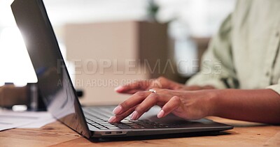 Buy stock photo Order, small business or hands of person on laptop with inventory for shipping plan, supplier or boxes. Startup, supply chain or logistics worker typing for package, stock or delivery distribution