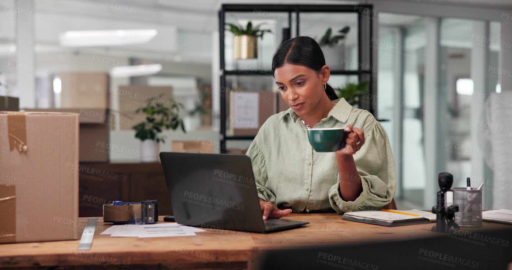 Buy stock photo Boxes, business and woman with laptop, coffee and typing with ecommerce, sales report and website info. Seller, person or entrepreneur in workspace, computer and latte with cappuccino or supply chain