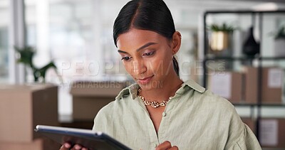 Buy stock photo Logistics, small business and woman on tablet for shipping schedule, online sales and reading order update. Startup, distribution and technology for stock, check inventory or supply chain in office