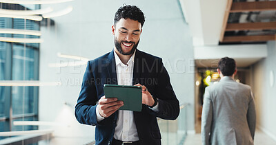 Buy stock photo Hotel, lobby and businessman with tablet for feedback, schedule information or conference hall planning. Seminar, employee and keynote speaker with smile for networking, research and online review
