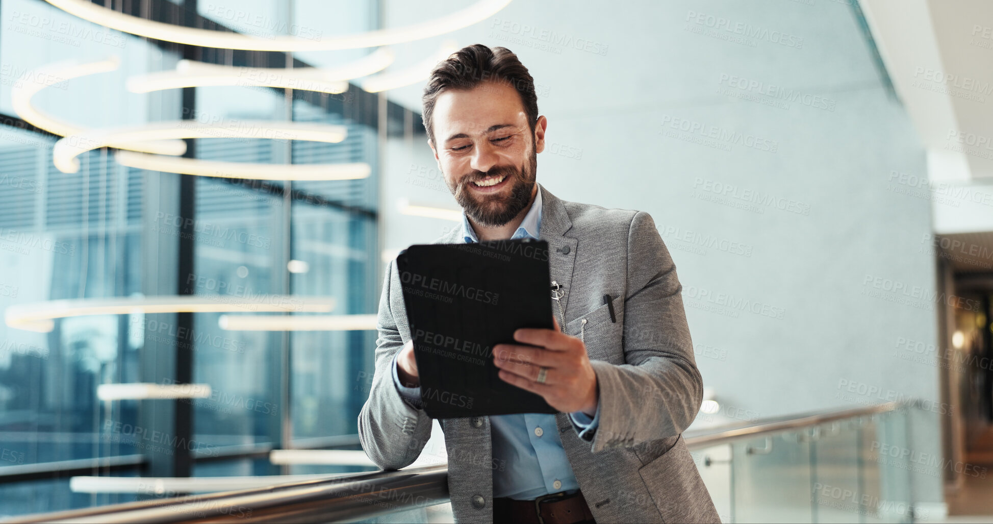 Buy stock photo Office, lobby and businessman with tablet for feedback, schedule information or conference hall planning. Seminar, employee and keynote speaker with smile for networking, research and online review