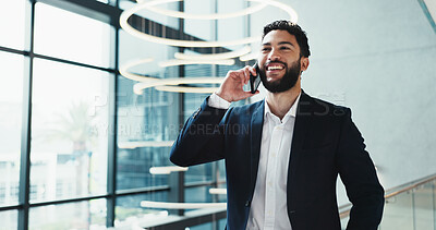 Buy stock photo Phone call, laughing and businessman in office, networking and conversation with contact for negotiation. Happy, real estate agent and person with mobile for funny chat, planning and communication