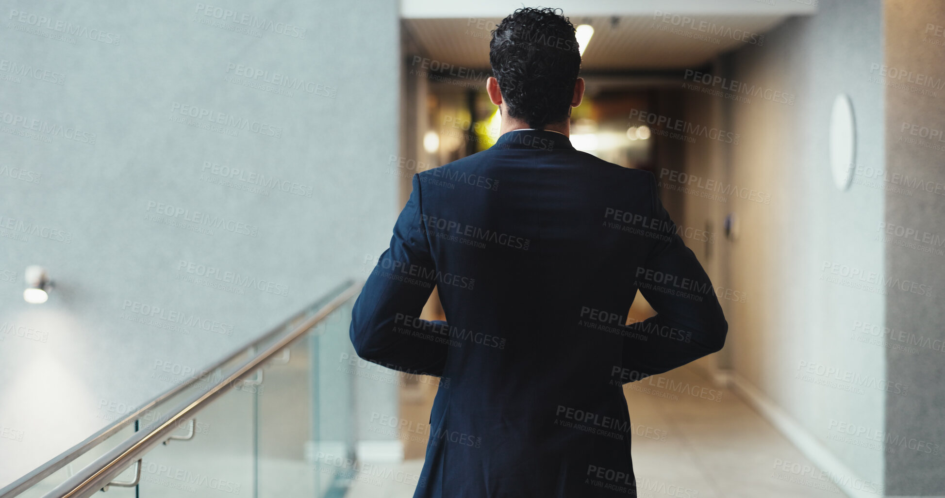 Buy stock photo Back, corridor and walking with business man in office for start of corporate career or new job. Ambition, opportunity and progress with professional employee in suit for arrival at workplace