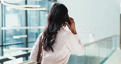 Buy stock photo Phone call, back and travel with business woman in hotel lobby for conference, seminar and networking. Agenda, contact and discussion with person and mobile for schedule with walking and chat