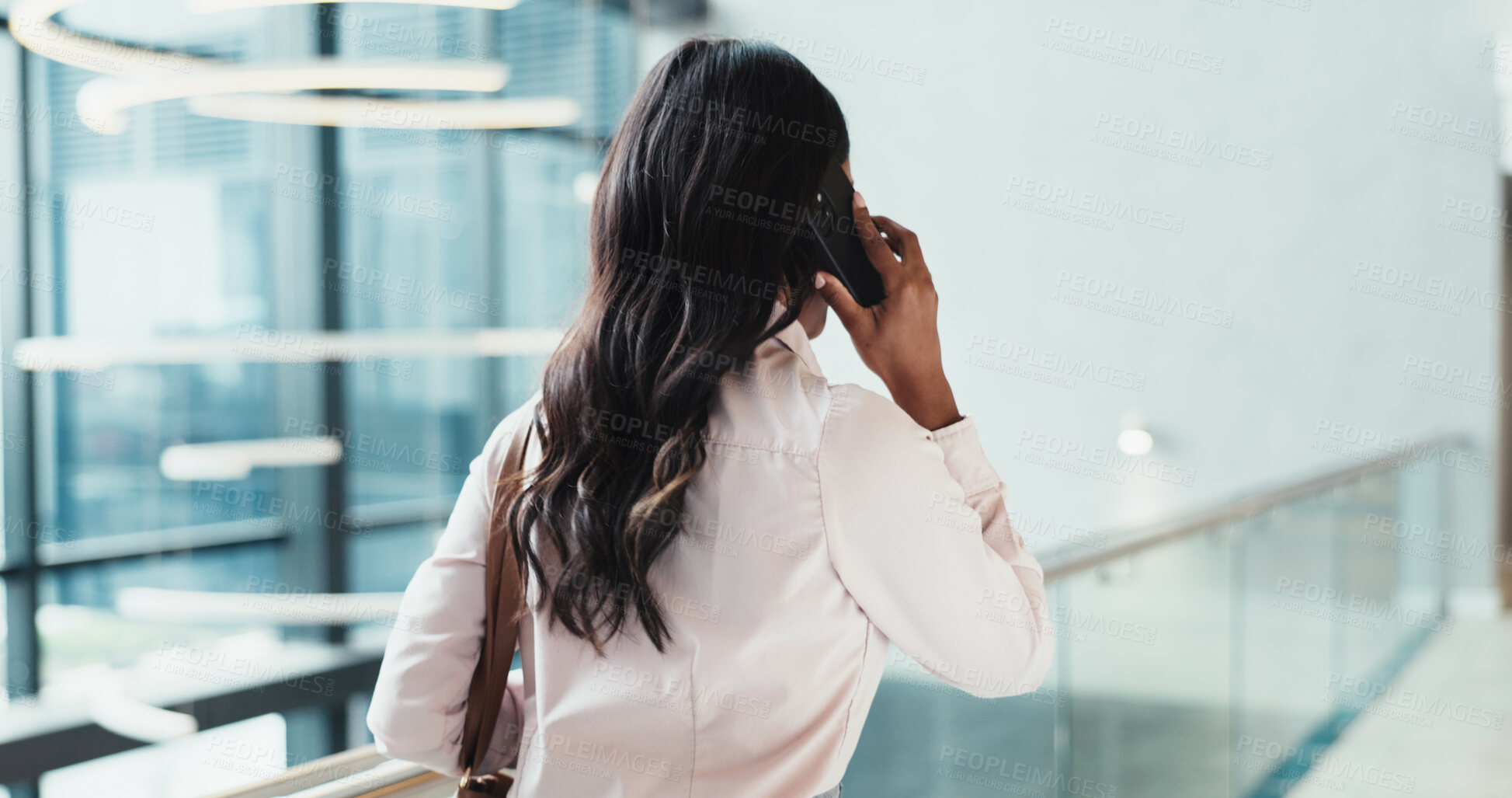 Buy stock photo Phone call, back and travel with business woman in hotel lobby for conference, seminar and networking. Agenda, contact and discussion with person and mobile for schedule with walking and chat