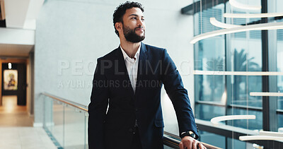 Buy stock photo Thinking, smile and business man at hotel for conference, keynote speaker and reflection. Vision, future and seminar with person in lobby of convention center for idea, memory and tradeshow event
