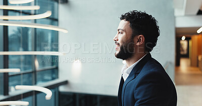 Buy stock photo Thinking, profile and business man at hotel for conference, keynote speaker and reflection. Vision, future and seminar with person in lobby of convention center for idea, memory and tradeshow event