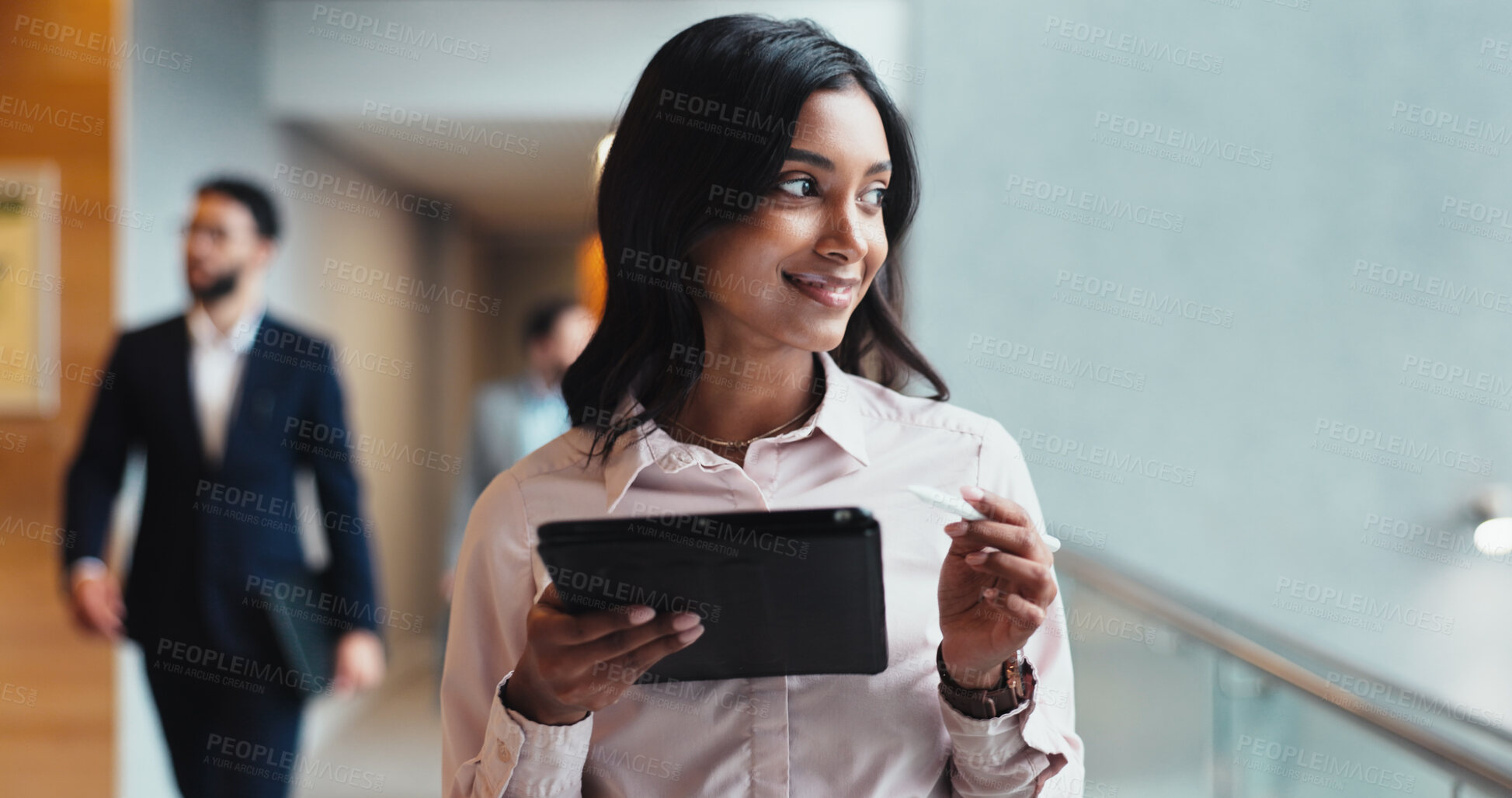 Buy stock photo Seminar, lobby and business woman with tablet for report, schedule information or conference hall planning. Office, employee and keynote speaker with smile for networking, research and online review