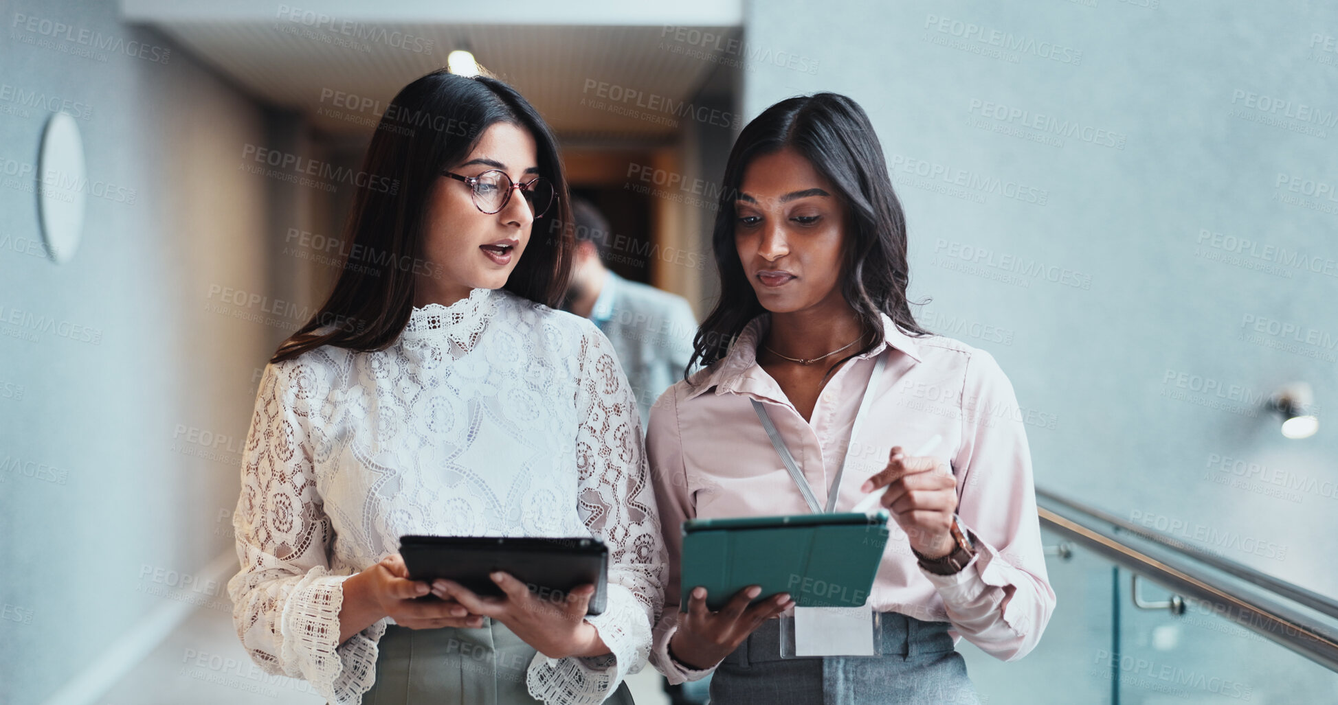 Buy stock photo Hotel, lobby and business women with tablet for report, schedule discussion or conference hall planning. Seminar, employee and keynote speaker with smile for networking, research and online review