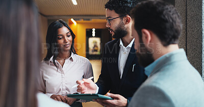 Buy stock photo Conference, lobby and business people with tablet for report, schedule discussion or hotel hall planning. Seminar, employee and keynote speaker with smile for networking, research and online review