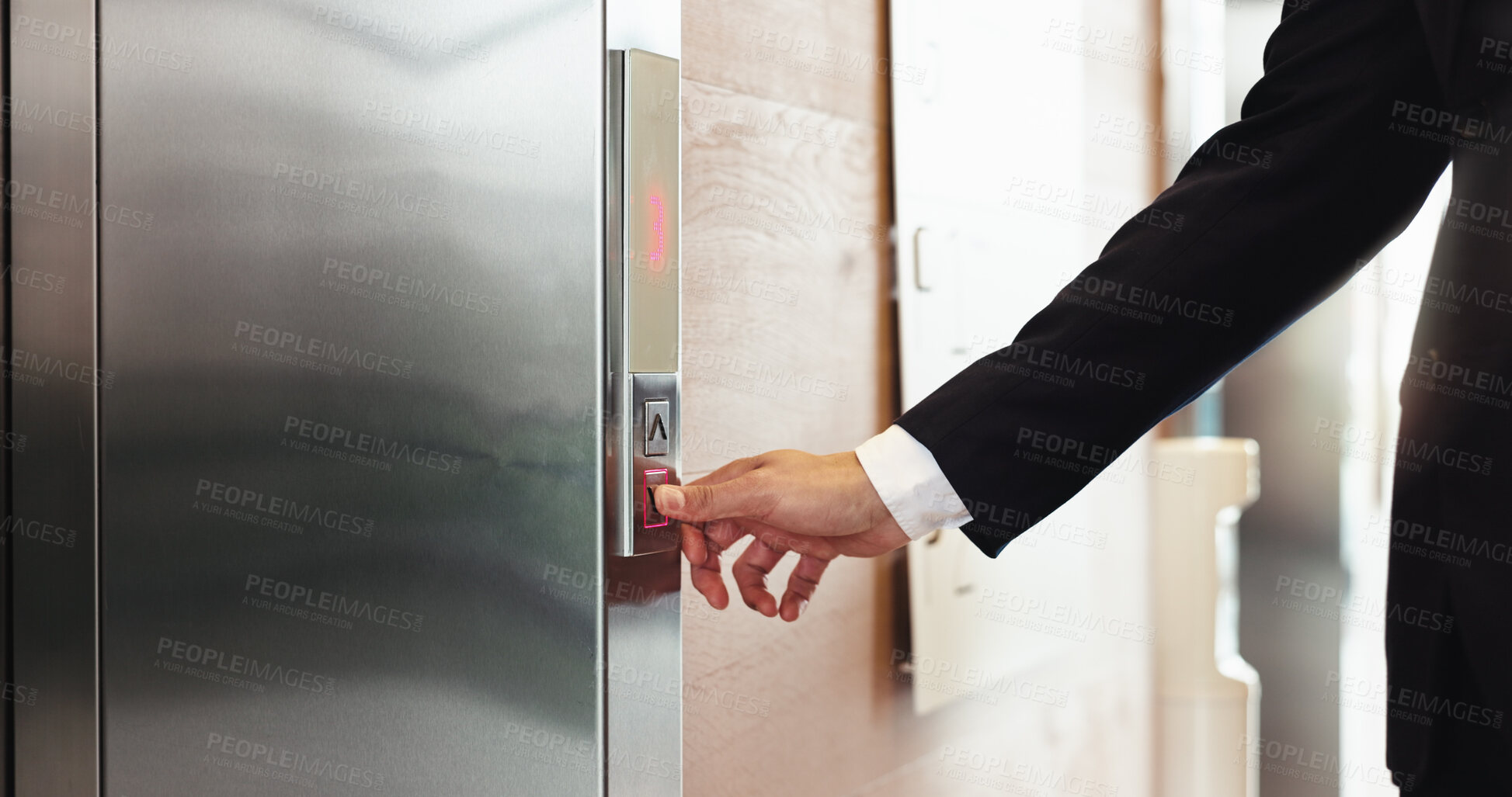 Buy stock photo Hands, office and person press elevator, transport technology and arrow to request down floor. Business, call lift and push button for travel, work trip and level choice in corporate hotel lobby