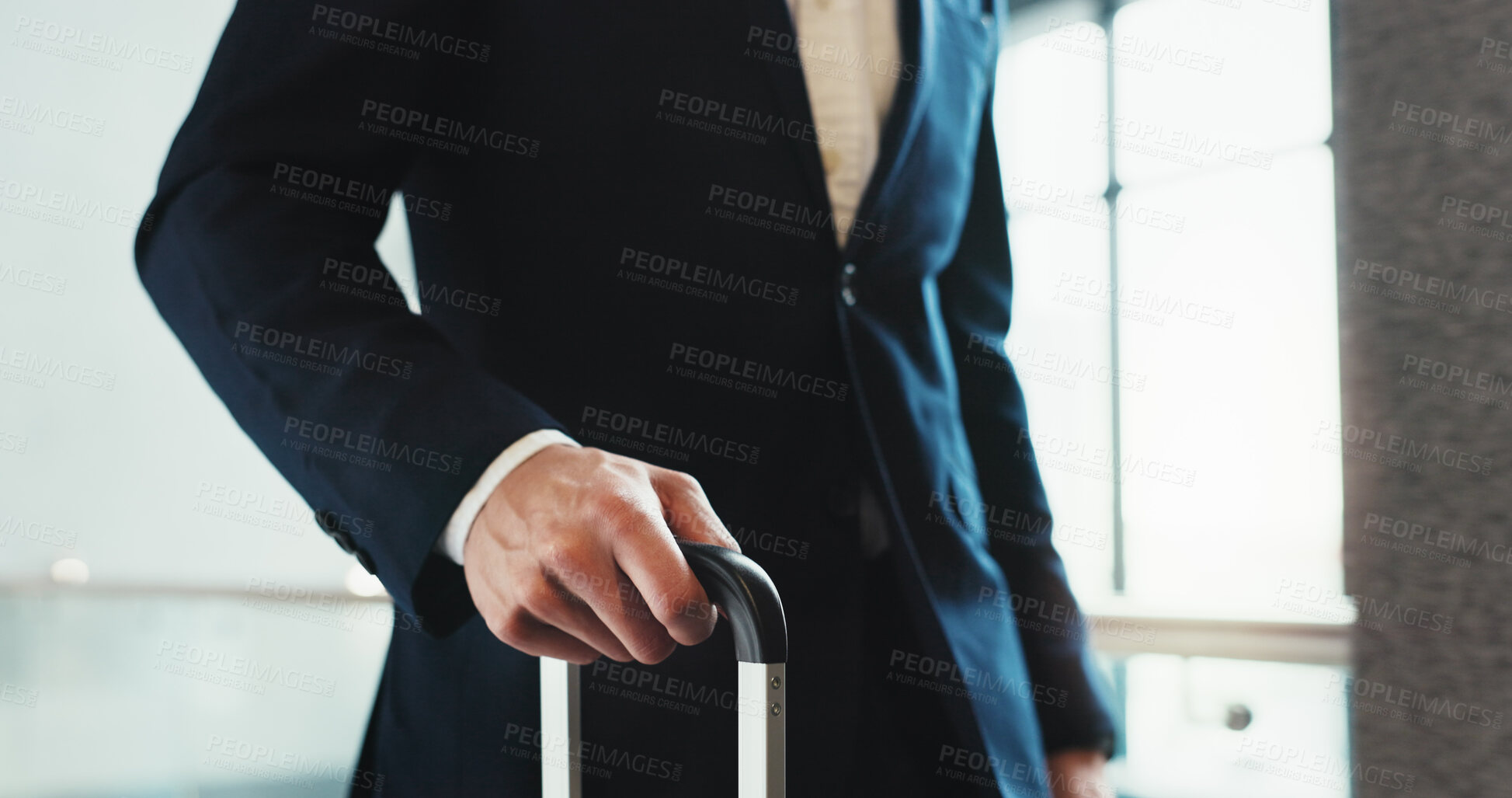 Buy stock photo Hand, luggage and travel with business person closeup in airport for international flight or trip. Arrival, check in or departure and employee passenger with suitcase at boarding gate of terminal