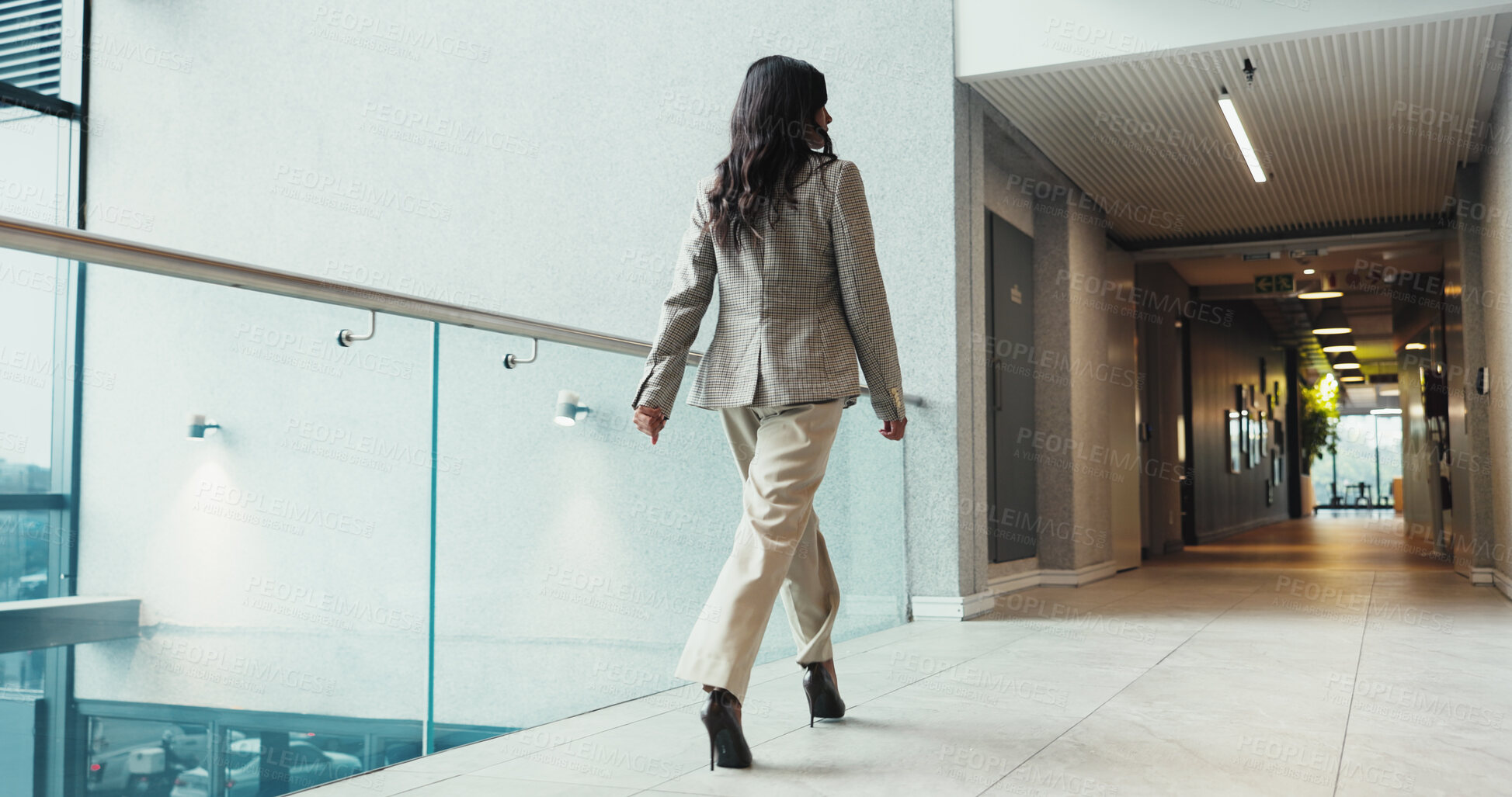 Buy stock photo Business, woman and walking with back in lobby for corporate seminar, travel and conference meeting. Keynote speaker, confidence and hotel hallway with event training, career trade show and guidance 
