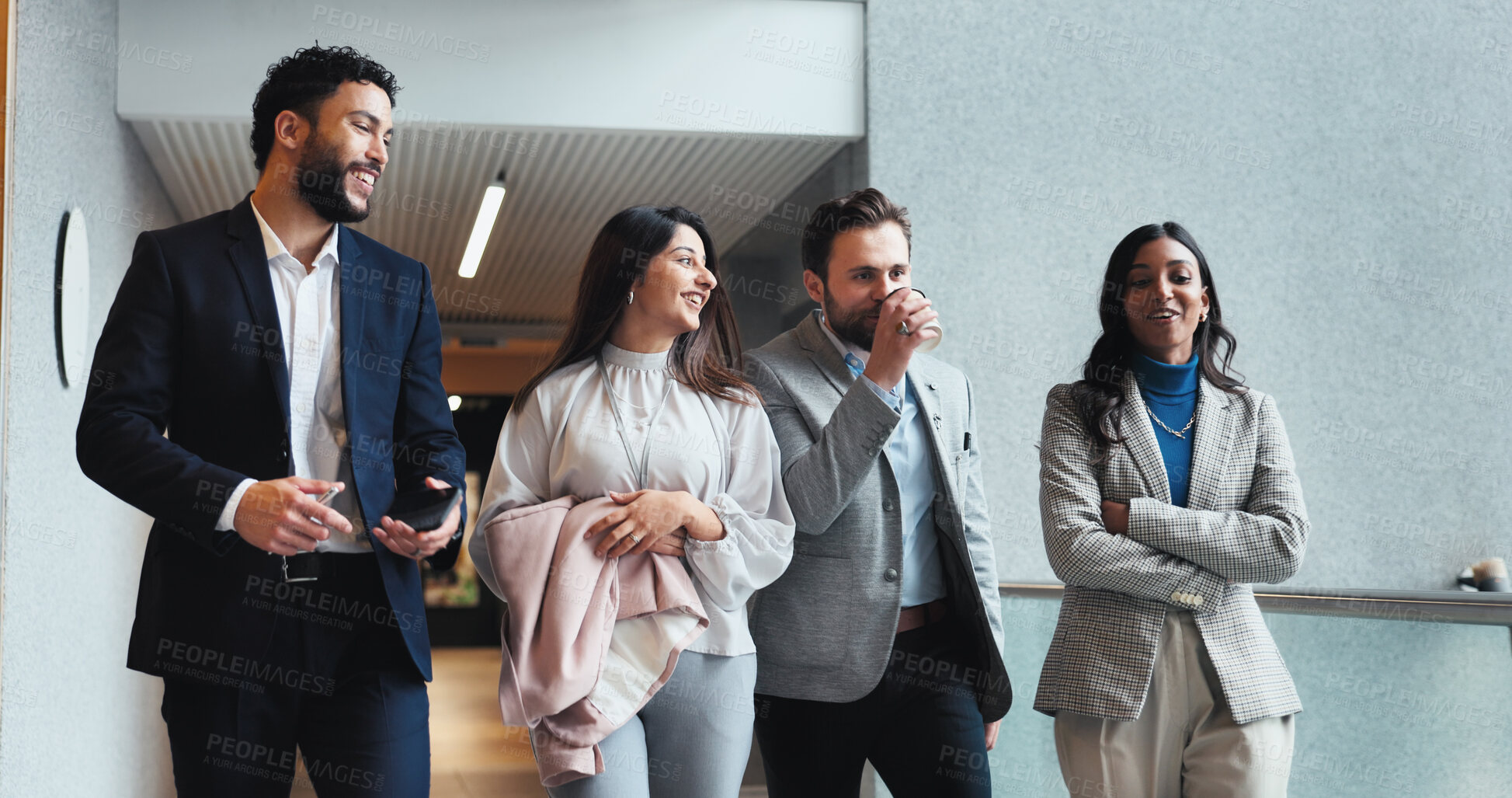 Buy stock photo Discussion, walking or business people in hallway for project or convention in conference hall. Staff, teamwork or keynote speaker with smile or joke in lobby for networking, seminar or event review