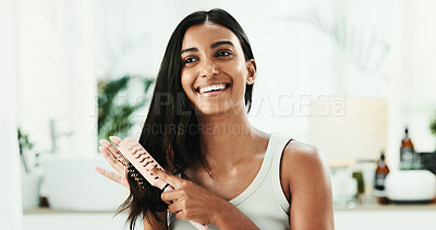 Buy stock photo Smile, woman and brush hair for haircare of healthy texture, keratin treatment and growth cosmetics. Happy, female person and tools with grooming routine, scalp maintenance and shine results at house