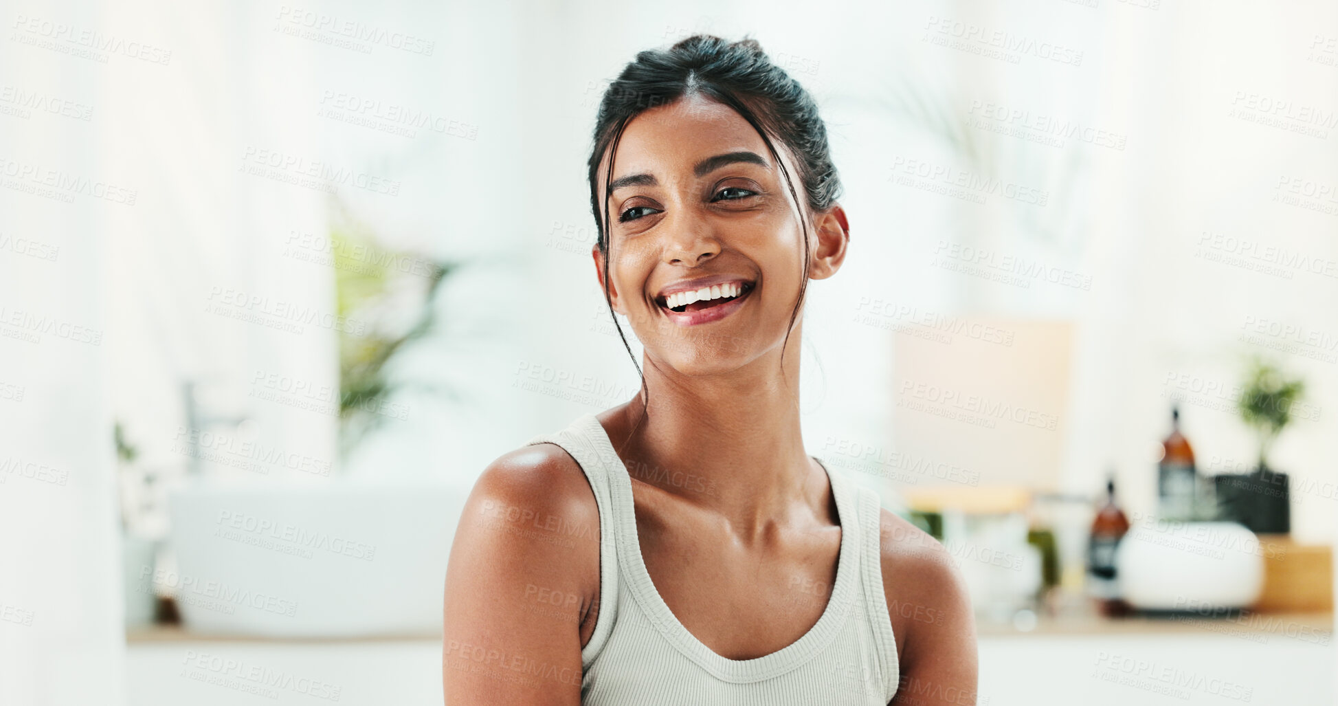 Buy stock photo Thinking, beauty and woman in bathroom for skincare, morning hygiene and natural. Smile, cosmetics and confident Indian girl in home for facial treatment, dermatology or shine with glow for aesthetic