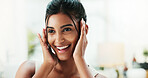 Happy woman, relax and facial with skincare for beauty, cosmetics or spa day at home. Face, female person or smile with soft skin, dermatology or cosmetology for glow, shine or hygiene at house