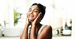 Happy woman, relax and calm with skincare for beauty, cosmetics or spa day at home. Face, female person or smile with soft skin, dermatology or cosmetology for facial glow, shine or hygiene at house