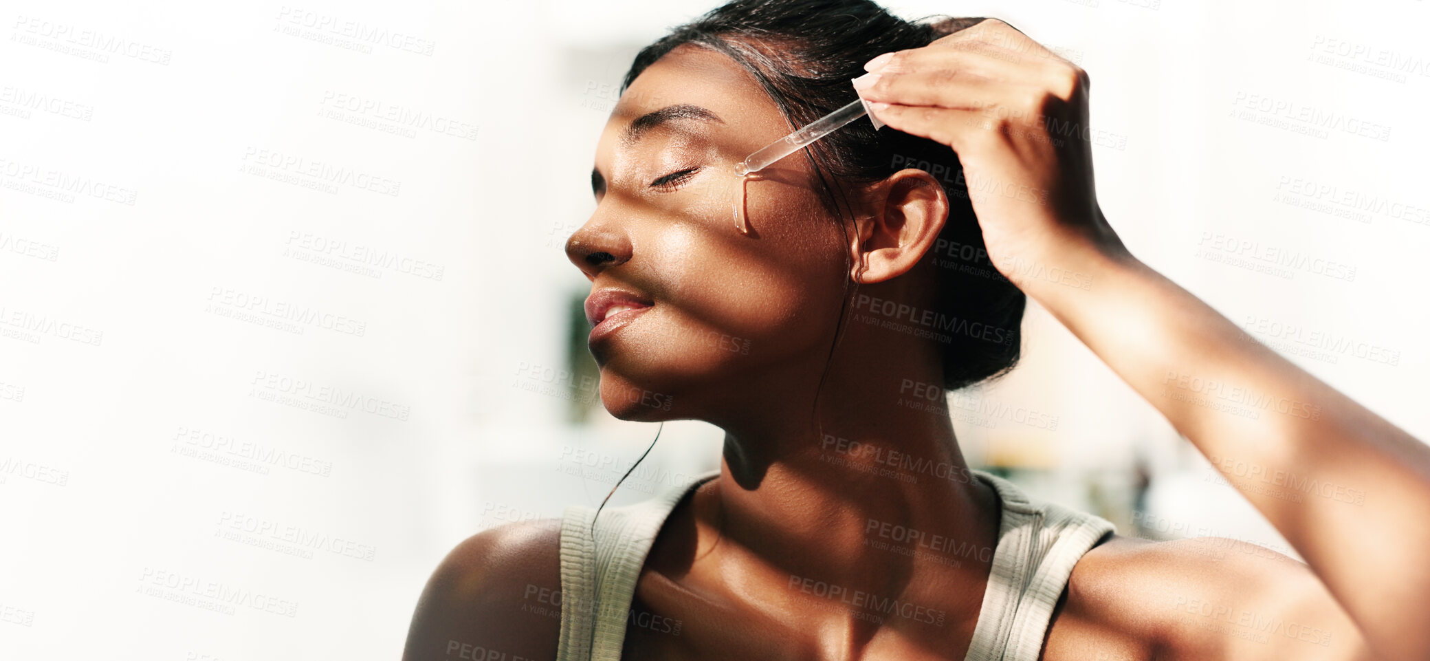 Buy stock photo Home, woman and face with serum for skincare, wellness and moisture for self care by mockup space. Collagen, female person and cosmetics with dropper for beauty, oil treatment and vitamin c in house