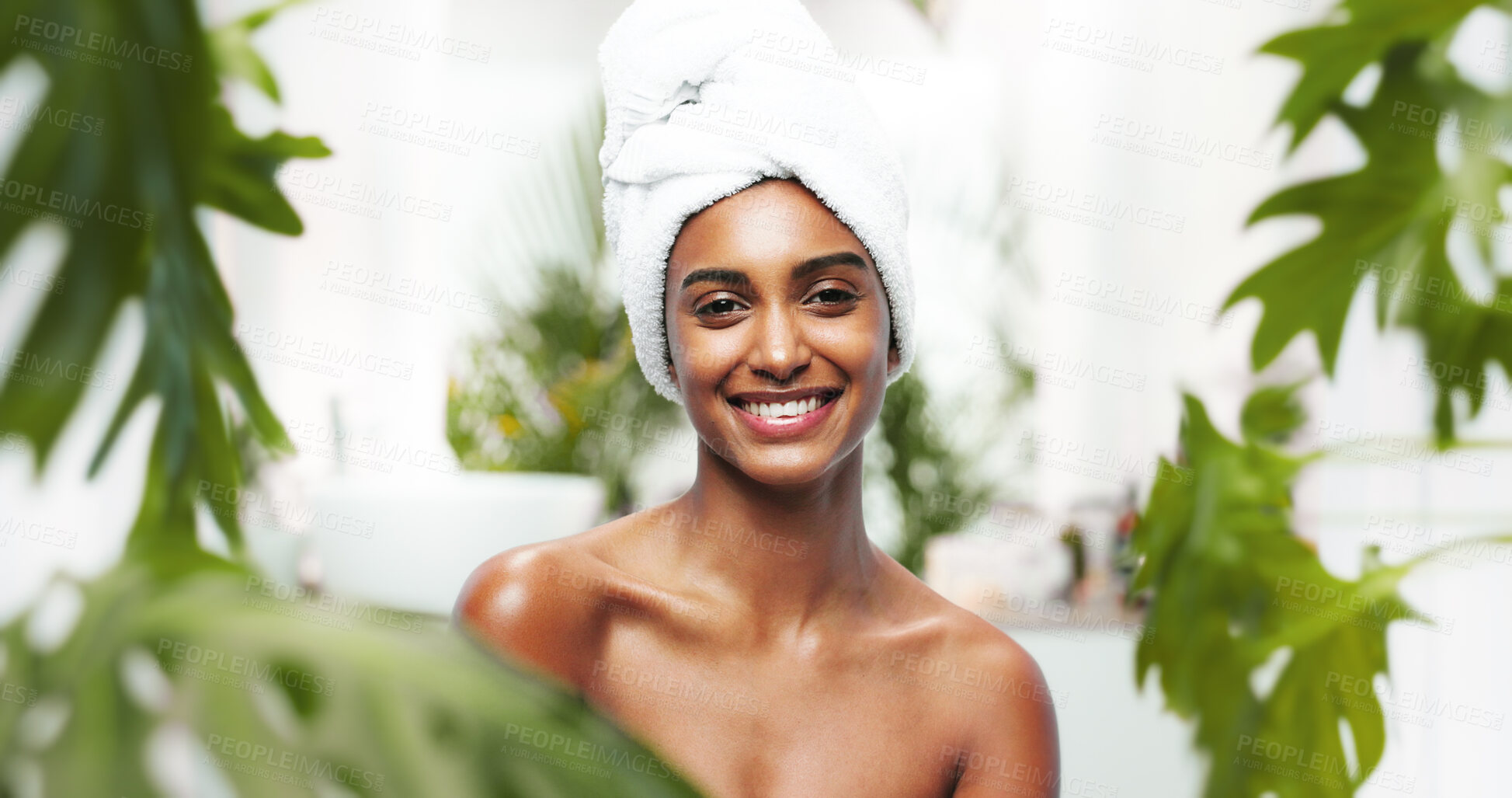 Buy stock photo Happy woman, portrait and towel with natural beauty for hygiene, dermatology or shower in bathroom. Face, female person or smile with satisfaction for agro health, skincare or eco friendly treatment