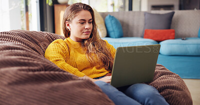 Buy stock photo Woman, student and relax on laptop at house for research, scholarship application and university report. Female person, rest and online with college website, studying schedule and registration portal