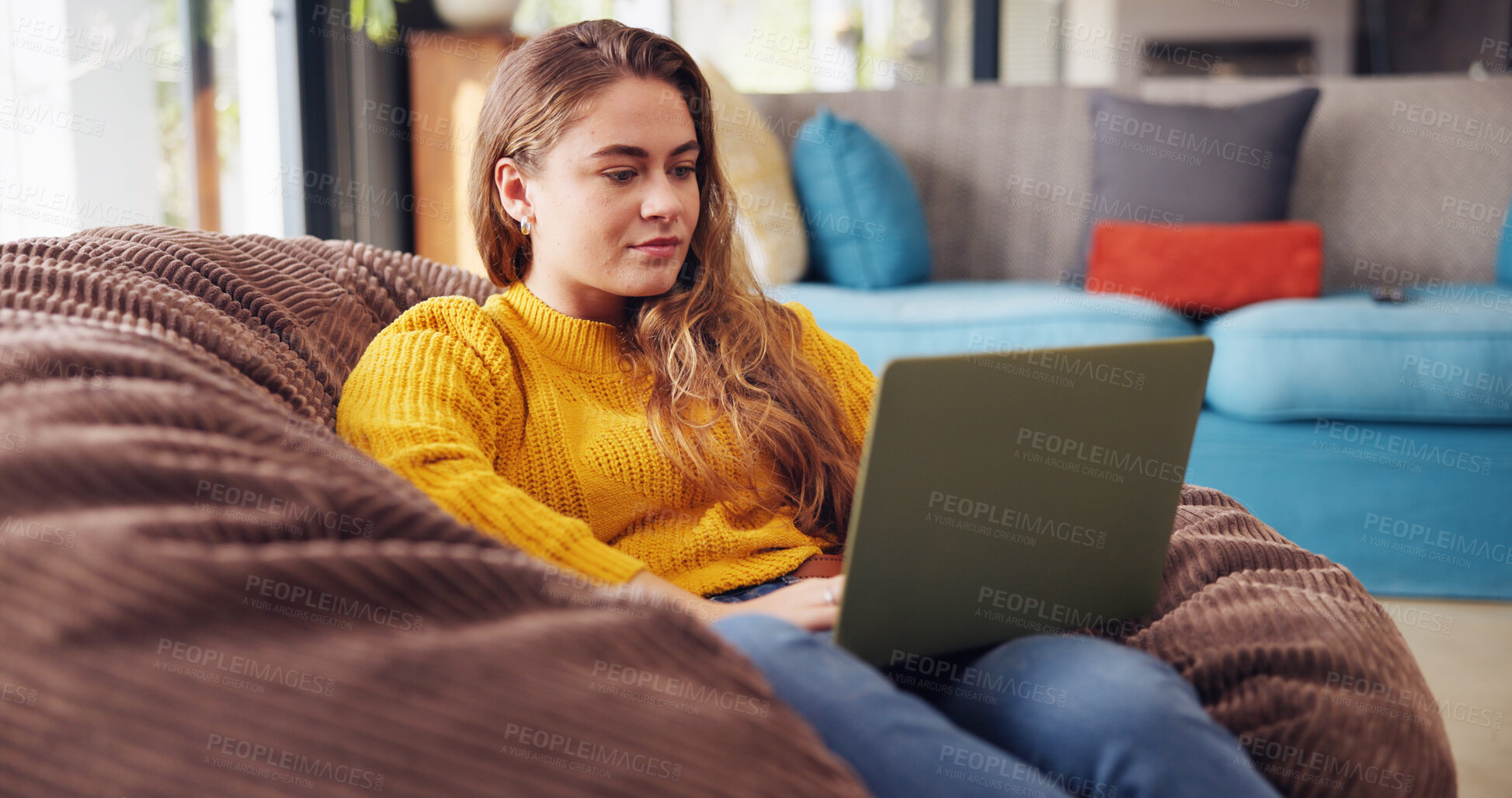 Buy stock photo Woman, student and relax on laptop at house for research, scholarship application and university report. Female person, rest and online with college website, studying schedule and registration portal
