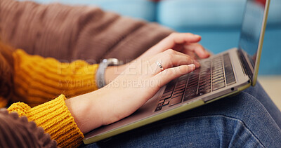Buy stock photo Hands, person and typing on laptop at house for research, scholarship application and university report. Female student, rest and online for college website, studying schedule and registration portal