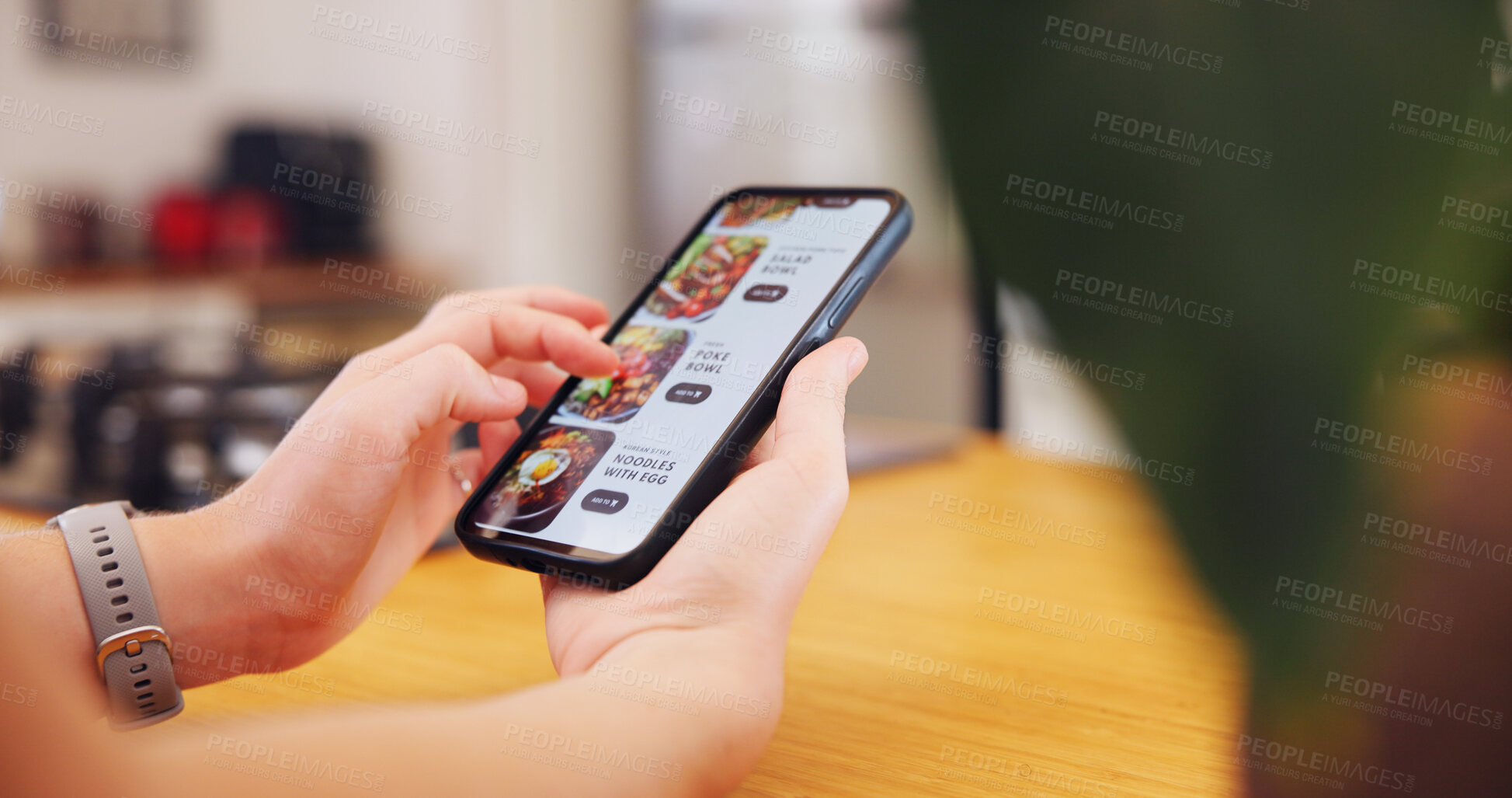 Buy stock photo Hands, person and phone screen of online shopping with food menu, meal choice and restaurant catalog. Customer, scroll and mobile website for ecommerce, nutrition lunch and order information at house