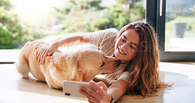 Buy stock photo Woman, dog or relax in home for selfie, bonding or loyalty with pet adoption. Labrador, happy owner or tech in living room for social media, foster care update and photography for support animal blog