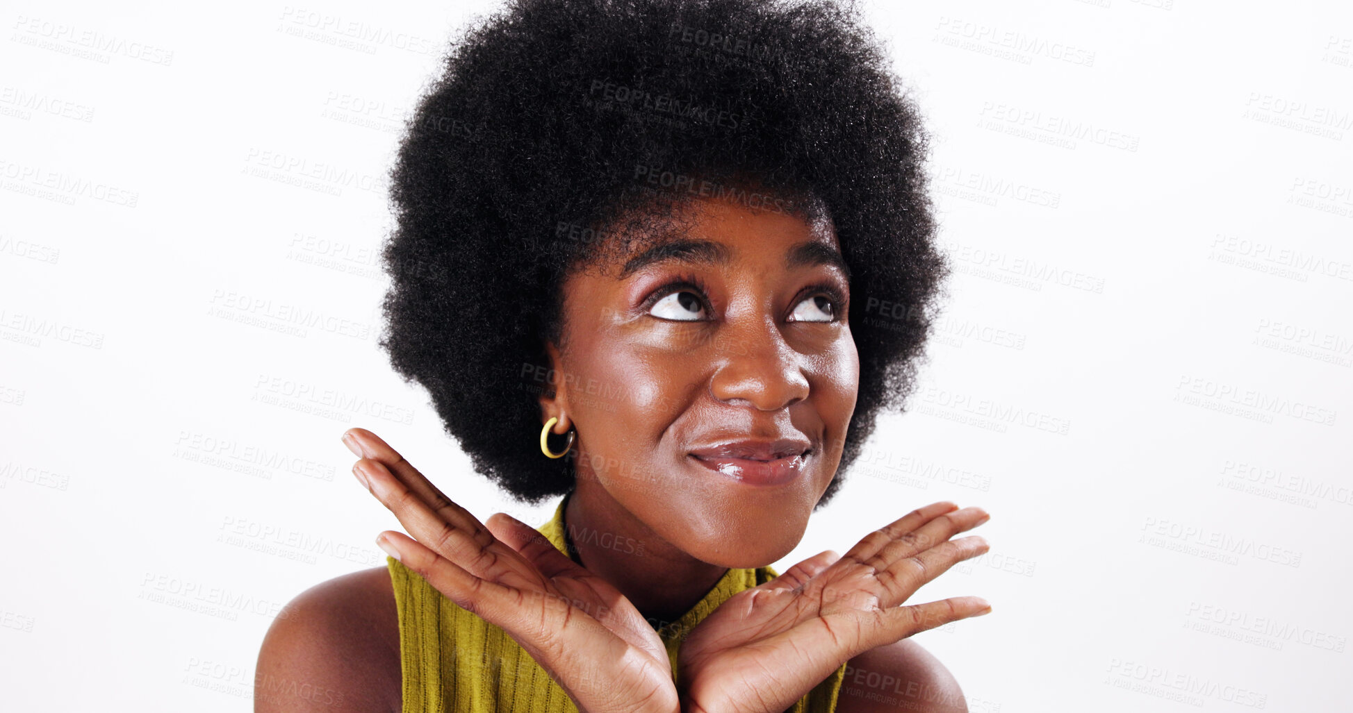Buy stock photo Thinking, ideas and black woman in studio, showing and decision on white background. African person, model and girl with thoughts, wonder or solution with choice, confident personality or contemplate