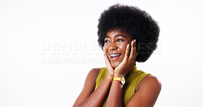 Buy stock photo Thinking, ideas and black woman in studio, surprise and announcement on white background. African person, model and winner with thoughts, victory or shocked with choice, confident personality or wow
