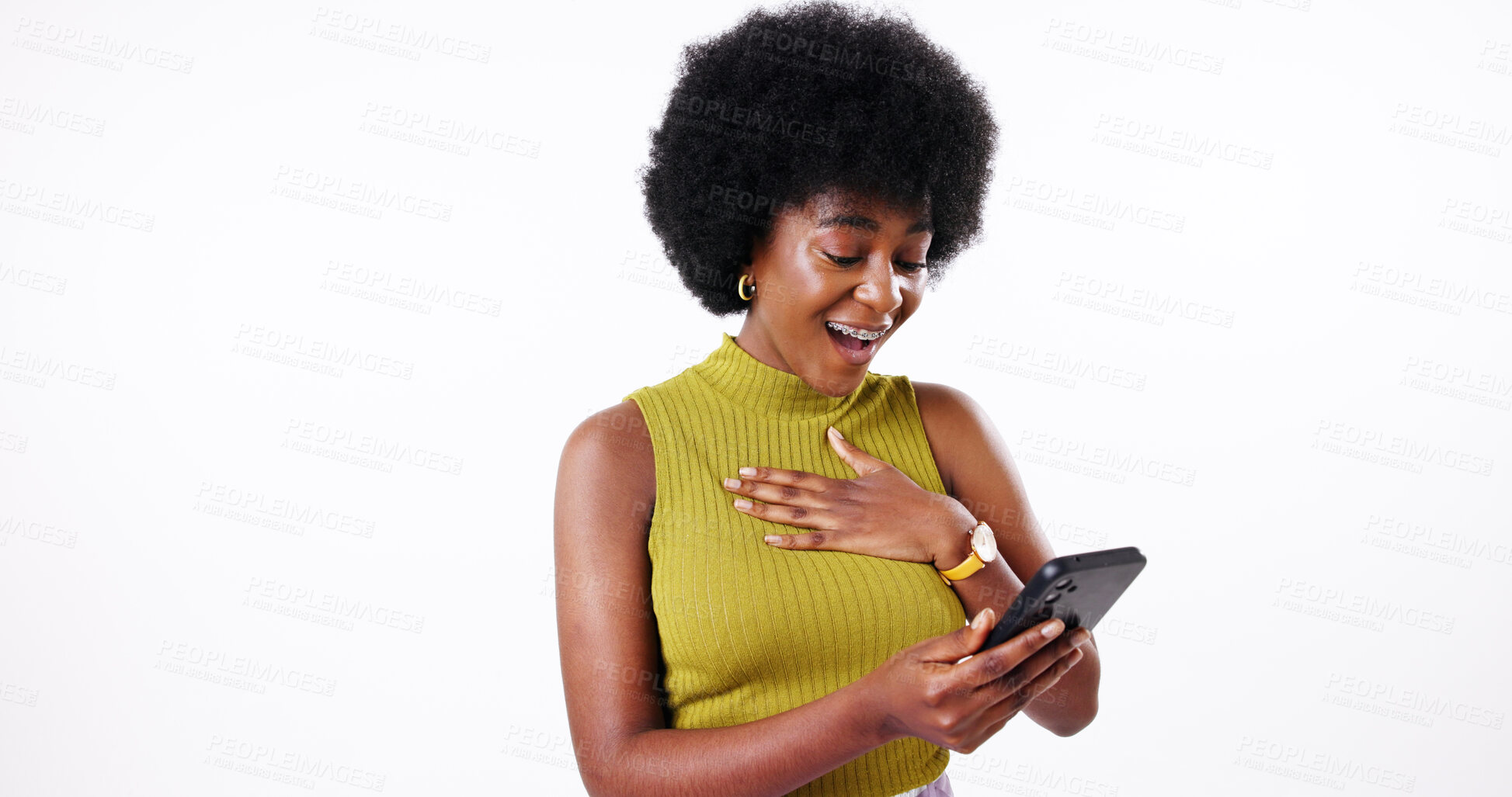 Buy stock photo Wow, surprise and black woman with phone for university, good news and acceptance on white background. Winner, celebration and happy girl with smartphone for college, achievement and mockup space