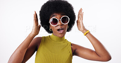 Buy stock photo Surprise, black woman and fashion of sunglasses in studio for sale announcement, natural afro and news. Female person, shock and trendy shades for retail discount, giveaway offer and white background