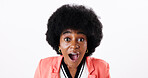 Black woman, excited and portrait in studio for surprise, good news and fashion promotion. Girl, wow and face on white background space for competition results, winner or amazing deal in casual style